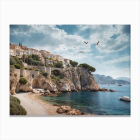 Oil Painting of Mediterranean Village on The Coast Canvas Print