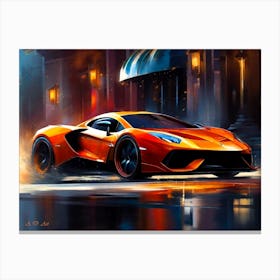 Orange Super Sportscar pass a Hotel in the Rain - Abstract Color Painting Canvas Print