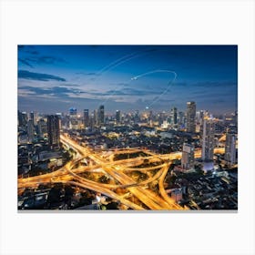 Aerial View Of Bangkok At Night Showcasing The Metropolitan District Interwoven With A Complex Tele (2) Canvas Print