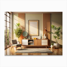 Living Room With Wooden Wall, Green Plants, And A Blank Frame Canvas Print