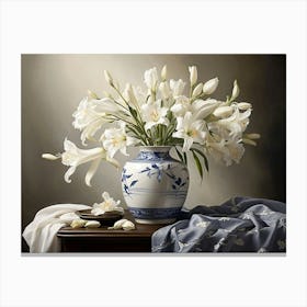 White Lilies In A Blue Vase Canvas Print