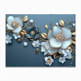 3d White and Blue Background with Golden Jewelry and Flowers 4 Canvas Print