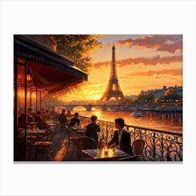 Elegant Parisian Cafe Perched On The Seine Riverbank Golden Hour Illuminates The Setting Soft Refl (7) Lienzo