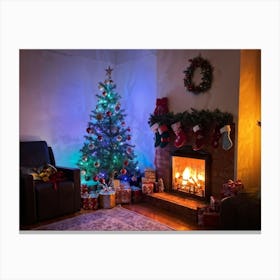 Cozy Christmas Eve Setting Crackling Fireplace Aglow In Living Room Corner Sparkling Tree Adorned Canvas Print