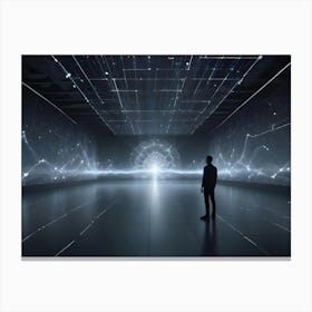 A Silhouetted Person Stands In A Dark Room, Facing A Glowing Sphere Of Data And Connections Projected Onto A Wall 1 Canvas Print