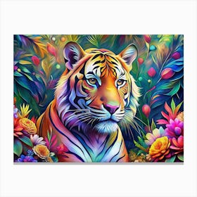 Vibrant Colorful Tiger In A Floral Paradise Canvas Print