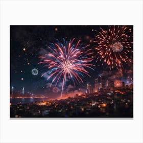 Holiday Fireworks Over City Canvas Print