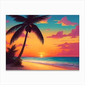 A Tranquil Beach At Sunset Horizontal Illustration 39 Canvas Print