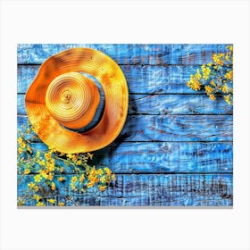 Yellow Hat On Blue Wooden Background Canvas Print