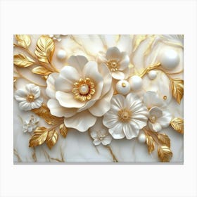 3d Floral Elegance Seamless Gold And White Ceramic Marble Texture Canvas Print