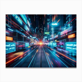 Abstract Motion Blur Effect Of A Cityscape At Night With Neon Signs, Traffic Trails, And Data Streams, Conveying Speed And Digital Overload Canvas Print