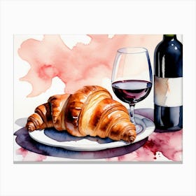 Croissant and Wine watercolor painting 15 Canvas Print