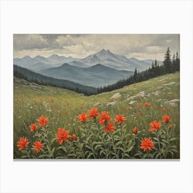 Vintage Oil Painting of indian Paintbrushes in a Meadow, Mountains in the Background 10 Canvas Print