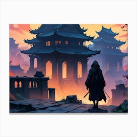 An Illustration Of A Lone Figure In A Hooded Cloak Standing On A Stone Pathway, Gazing Towards A Distant Cityscape Of Ancient Japanese Style Buildings With A Glowing Sunset In The Background Canvas Print