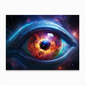 Alien Eye With A Chameleon Like Iris Reflecting A Ufo Hovering In A Starfield Nebulae Swirling In T Canvas Print