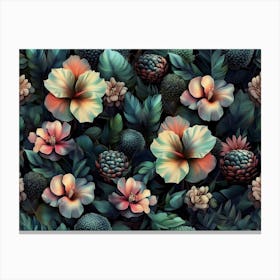 Floral Fantasy Seamless Pattern With Vintage Exotic Tropical Flowers, Hibiscus, Protea, Plumeria, Cactus, Leaves 1 Canvas Print