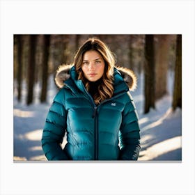 Woman in down jacket in a snowy forest 1 Canvas Print