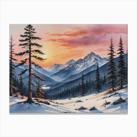 Frosted Peaks and Snowy Pines Sunset Over The Mountains Canvas Print