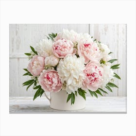 A Bouquet Of Pastel Pink And Pristine White Peonies With Hints Of Red Arranged Densely In A Natural (4) Canvas Print