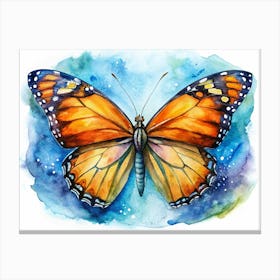 Watercolor Painting Of A Monarch Butterfly On Blue Background Canvas Print