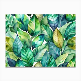 Watercolor Seamless Pattern Of Green Leaves On A White Background Canvas Print