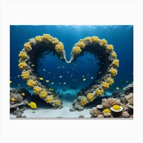 Heart Shaped Coral Reef Made Of Yellow Coral, With Tropical Fish Swimming Around, Underwater Scene Canvas Print