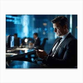 Businessman Sharp Suit Ultra Clear Texting On A Sleek Smartphone Indoor Setting Ambient Office (4) Canvas Print