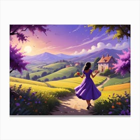 Woman In Purple Dress Walks Along A Path Towards A Cottage Canvas Print