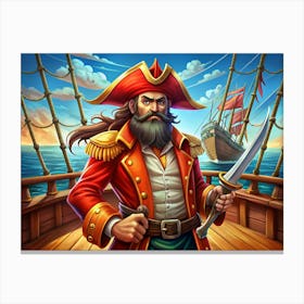 Pirate Captain With Red Coat And Sword On A Ship Deck Canvas Print