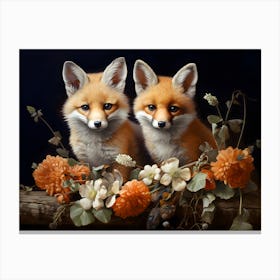 Fox Cubs Amidst The Blooms Canvas Print