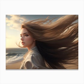 Girl With Wind Blown Hair By The Shore Canvas Print