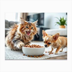 Cat And Chihuahua fighting for food Canvas Print