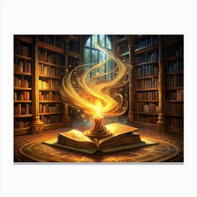 Open Book With A Glowing Candle In A Library Canvas Print