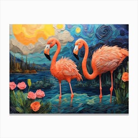 Flamingos At Night Canvas Print