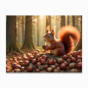 Red Squirrel Sitting On A Log Surrounded By Acorns In A Forest 6 Canvas Print