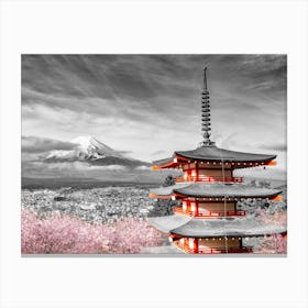 Mount Fuji With Pagoda In Colorkey At Cherry Blossom Season Canvas Print