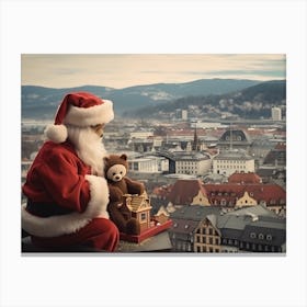 Santa Claus Sitting On A Roof Looking At City Canvas Print
