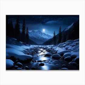 Midnight Dark Night Embracing Snow Covered Mountain Forests Peaks Stark Against The Ebony Sky Scat Canvas Print