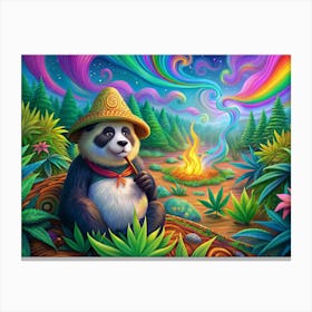 Panda Wearing A Hat Relaxing By A Campfire Canvas Print