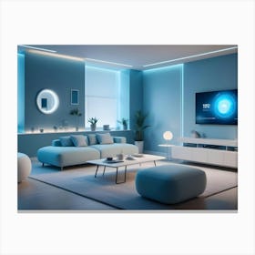 A Modern Living Room Interior With A Blue Sofa, A Coffee Table, And A Large Tv Screen Displaying A Smart Home Interface Canvas Print