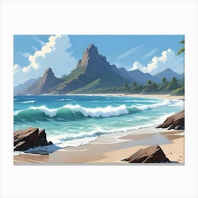 Tropical Beach Landscape With Lush Green Mountains And Waves 2 Canvas Print