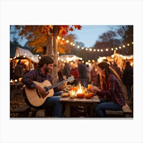 Autumn Festival Illuminated By String Lights Rustic Decorations Such As Dried Corn Husks Pumpkin A (1) Canvas Print