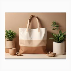 A Stylish, Three Toned Tote Bag Made Of Brown, Beige, And White Leather Canvas Print