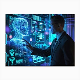 Cyber Interface Showing Neural Connectivity And Artificial Intelligence Fusion Sleek Holographic Pa (5) Canvas Print