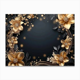 3d Background with Golden Jewelry and Flowers in Black Canvas Print