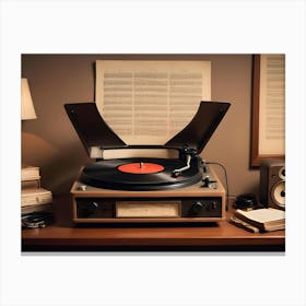 A Vintage Record Player With A Vinyl Record, Surrounded By Other Vintage Audio Equipment, Books, And Headphones, Creating A Nostalgic Atmosphere 2 Canvas Print