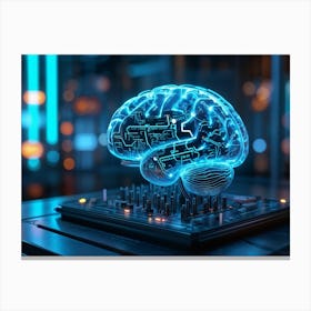 Cybernetic Brain Computer Interface Glowing With Neon Circuitry Entwined With Holographic Digital S (3) Canvas Print