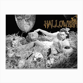 Pin Up Girl Posing In A Hay Full Of Masks Canvas Print