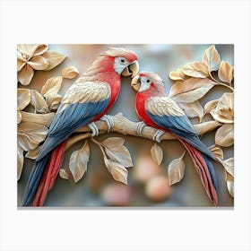 Beautiful 3d Parrots on a Branch Canvas Print