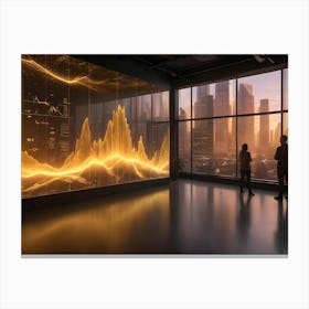 A Large Room With A Window Overlooking A Modern Cityscape At Sunset Canvas Print